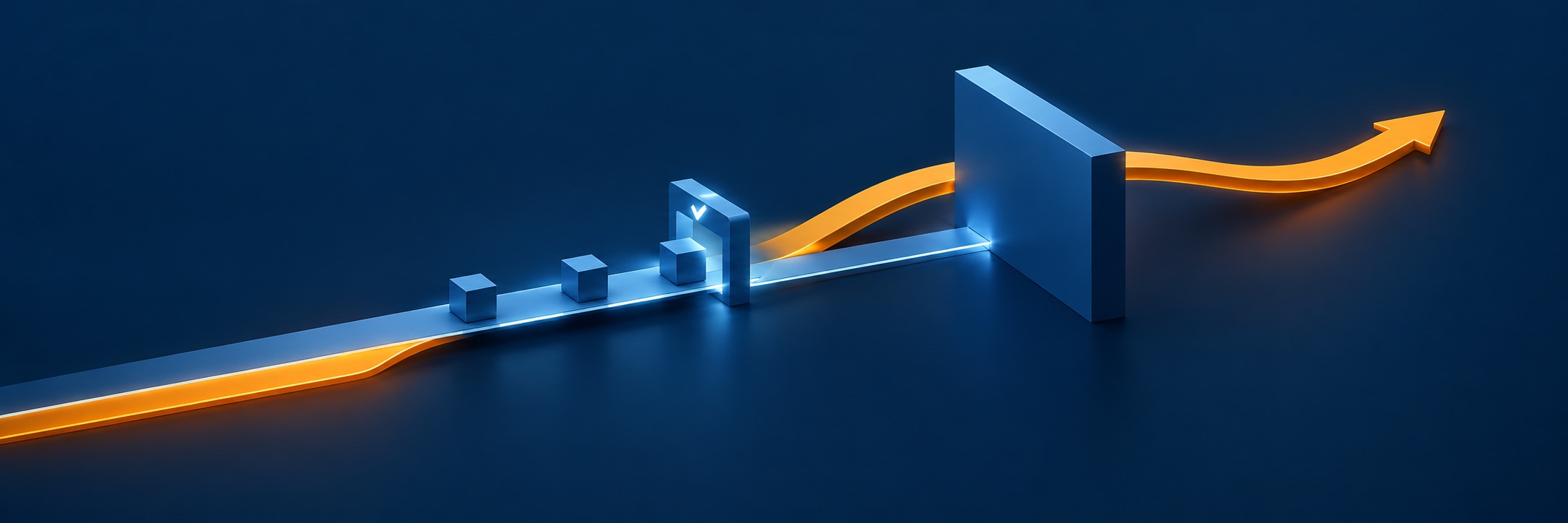 A glowing path of work items passes a checkmark gate, while the orange path that matters bends up and over a wall the gate never sees