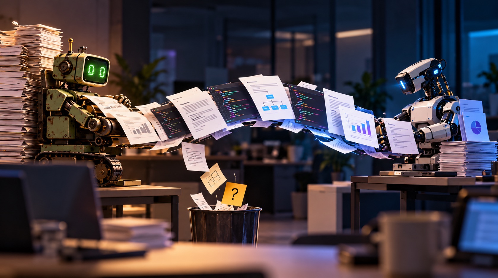 Two robots in an empty office pass an arc of documents, code and charts between them while a sticky note with a question mark falls into the trash