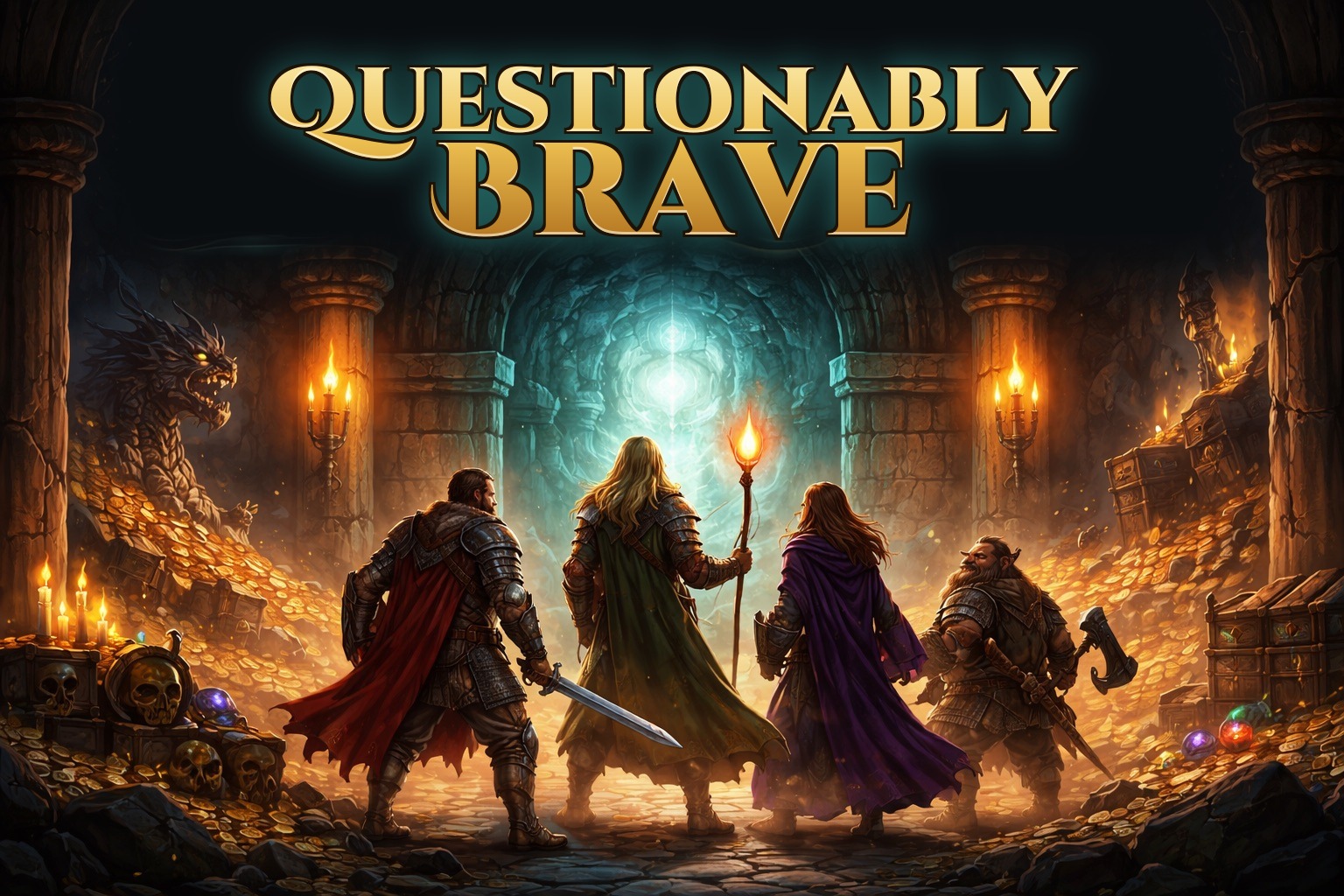Questionably Brave: four adventurers facing a glowing dungeon gate